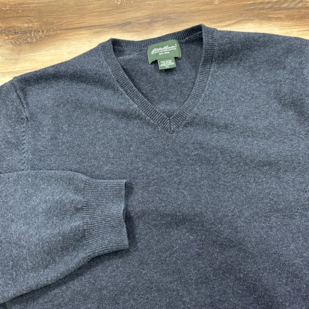 Vintage Eddie Bauer V-Neck Sweater Mens XL Classic Cotton Charcoal Gray Heritage